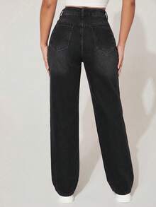 SHEIN PETITE Celana Jeans Denim Kasual Wanita Model Lurus dengan Pinggang Tinggi dan Saku, Model Potongan Lurus dengan Detail Sobek - Hitam - View 2