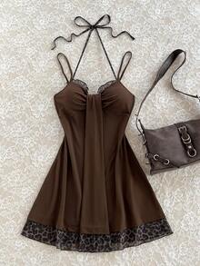 Elamini Women's Summer Minimalist Dark Brown Vacation Casual Sexy Low-Cut V-Neck Leopard Print Mesh Patchwork Camisole Mini Dress Night Out Club - Brown - View 4