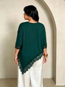Rustia Plus Size Women Solid Color Round Neck Dropped Shoulder Contrast Lace Asymmetric Hem T-Shirt Dinner Formal Dark Green Summer Elegant Casual Formal - Dark Green - View 2