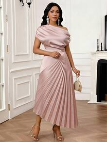SHEIN Lady Elegant Pink Plus Size Midi Dress For Women With V Neck And Regular Short Sleeves Perfect For Formal Events - Pink - View 4