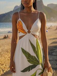 CAJUNI Women's Vacation Letter Tropical Plant Print Waist Cutout Cami Dress - Multicolor - View 6