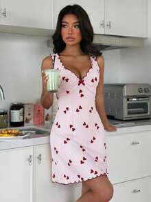 Striped Heart Print V-Neck Ruffle Decor With Bow Women's Nightgown - Burgundy - View 3