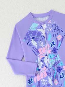 SHEIN 青少年女孩一件式新式泳衣 紫色拼接長袖長褲 花卉大亂花 運動時尚休閒 精緻優雅淑女風 亮眼活潑可愛俏皮 充滿活力 適合游泳、度假、夏季海灘、泳池拍照、水上樂園禮物 - 紫色 - 查看 4