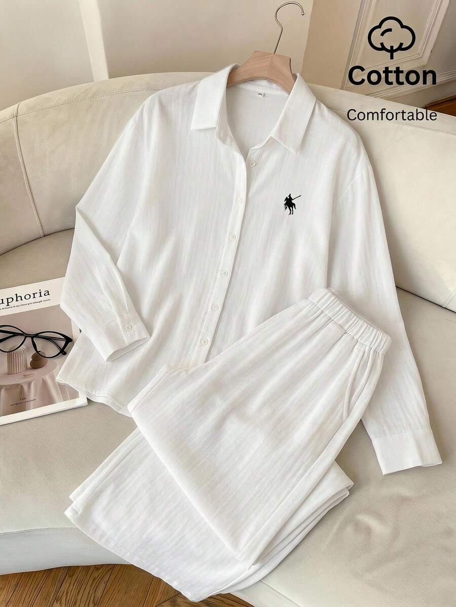 SHEIN EZwear 100%纯棉女士杏色梭织刺绣骑士长袖衬衫和裤子休闲套装,适合日常街头穿着、夏季上衣、通勤、约会、聚会、秋冬夏三季、圣诞节、新年、感恩节、派对、婚礼、海滩、毕业典礼、时尚、优雅、休闲、外出、约会、预订、通勤、闪亮、情人节、优雅、度假、休闲、Y2K、外出、毕业典礼等场合。 - 白色 - 查看 1