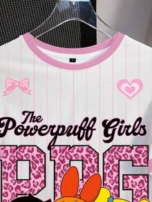 THE POWERPUFF GIRLS X SHEIN 女士字母卡通印花休闲圆领短袖T恤，夏季 - 白色 - 查看 5