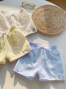 SHEIN 男女嬰童通用 3件/組可愛泡紋條紋泳褲泳衣套裝，適合海灘度假、游泳與日常穿著 - 彩色 - 查看 3