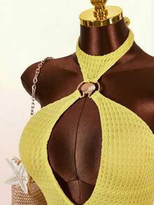 Amplova Ensemble de maillot de bain pour femmes, maillot de bain une pièce dos nu à col licou avec décoration en coquillage métallique et jupe de plage - Jaune clair - Voir 6