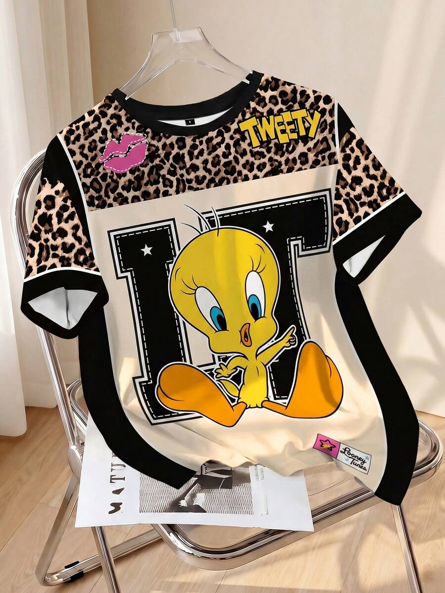 LOONEY TUNES X SHEIN 女款夏季休閒拼接撞色豹紋卡通字母圖案T恤 - 白色 - 查看 1