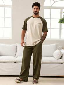 DAZY Conjunto de ropa de estar en casa con mangas raglán y color contrastante para hombres, pijamas de primavera/verano - Verde militar - Ver 7
