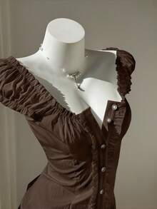 Elamini Spring/Summer Minimalist Minimalist Sexy Sweet Fresh Ruffle Trim Off-The-Shoulder Puff Sleeve Blouse For Women - Coffee Brown - View 6