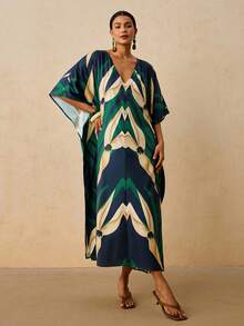 Travachic Plus Size Women's Vacation Style Printed V-Neck Batwing Sleeve Loose Casual Dress Tropical Plant Print Robe - Green - View 1