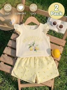 SHEIN 2件組 幼兒女寶寶可愛時尚Y2K檸檬印花荷葉邊短袖軟綿套裝 短褲與上衣圖案T恤 夏季海灘度假服飾 - 黃色 - 查看 12