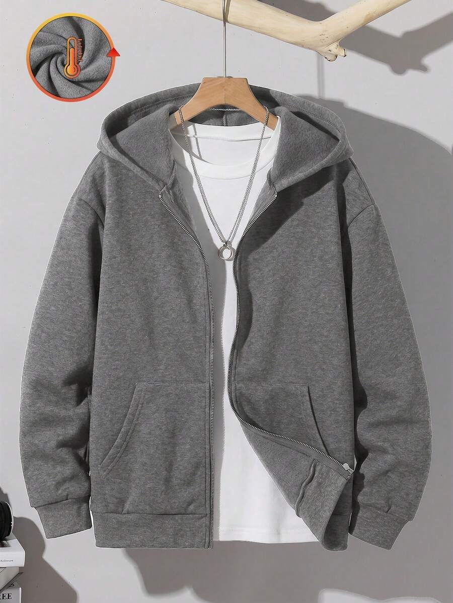 SHEIN 青少年男孩拉鍊長袖秋季運動衫 - 深灰色 - 查看 1
