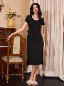 Côtesoire Summer Lazy Casual Minimalist Sexy Ribbed Short Sleeve Nightgown - Black - View 5