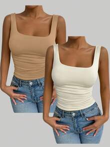 Allurite Women's Plain Square Neck Pleated Casual Tank Top - Multicolor - View 7