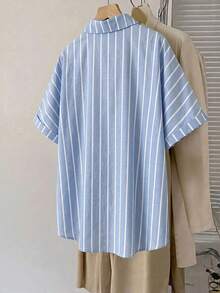SHEIN CURVE+ Plus Size Women's Loose Casual White Short Sleeve Shirt, Holiday & Summerbeach Outfits For Woman/Beach Dress/Beach Vacation Outfits/Beach Essentials / Graduation/Tea Party Dresssummer/Country/Beach Vacation Outfits/Beach Outfits/Beach Wear - Blue and White - View 2