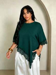 Rustia Plus Size Women Solid Color Round Neck Dropped Shoulder Contrast Lace Asymmetric Hem T-Shirt Dinner Formal Dark Green Summer Elegant Casual Formal - Dark Green - View 5