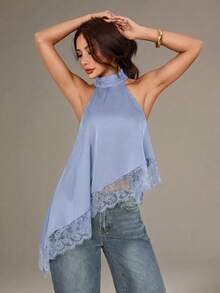 SHEIN PETITE 不對稱高領掛脖上衣 蕾絲飾邊 晚宴派對款 - 淺藍色 - 查看 6
