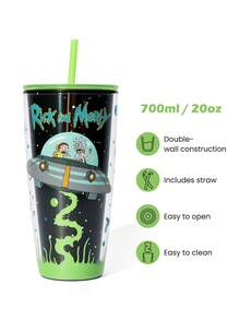 Rick and Morty X SHEIN Vaso de fondo plano Laser Cool de 24 oz / 700 ml, con destellos en forma de corazón - Negro - Ver 3