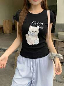 DAZY 春夏女款修身貼身圖案設計動物印花T恤可愛上衣 - 黑色 - 查看 3