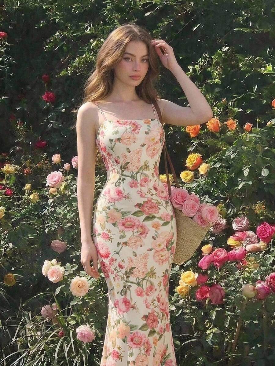 SHEIN MOD Women's Floral Print Dress Spaghetti Straps Mermaid Hem Cottagecore Romantic Tropical Modest Orange Floral Summer Garden Party Tea Party Vacation - Multicolor - View 1