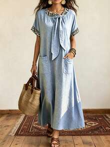 SHEIN LUNE Women's Geometric Print Tie-Up Long Dress Short Sleeve Loose Summer Dresses With Pockets Casual Sexy Boho Comfortable Beach Golf Holiday Pastal - Sky Blue - View 1
