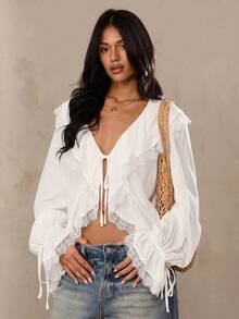 SHEIN BAE Women's Solid Color Ruffle Front Tie Contrast Lace Fashion Shirt - White - View 1