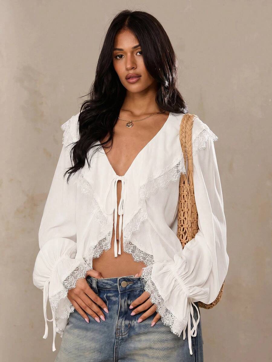 SHEIN BAE Women's Solid Color Ruffle Front Tie Contrast Lace Fashion Shirt - White - View 1
