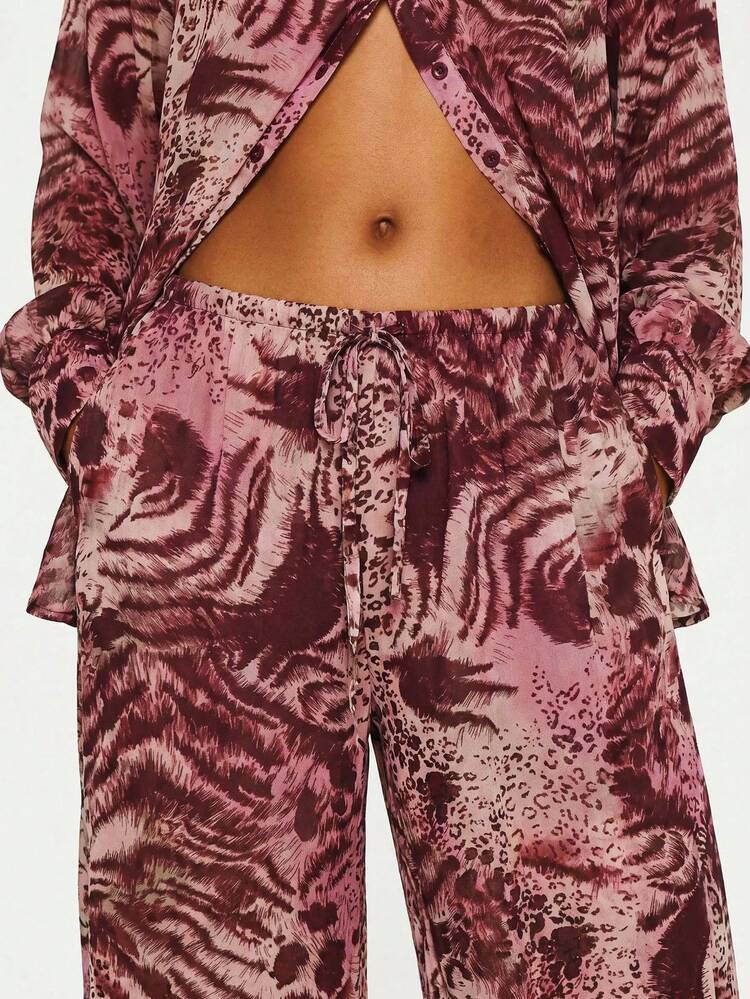Mixed Animal Print Flowy Wide Leg Trousers