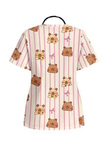 PopScrub Women's Scrub Uniform Top With Cute Bear Capybara Striped Print Pattern, Suitable For Children And Pet Hospitals - Multicolor - View 2