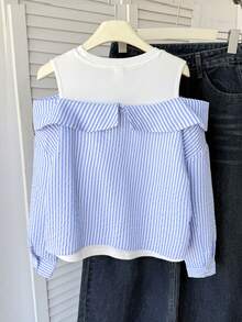 SHEIN Tween Girl Striped Minimalist 2 In 1 Patchwork Casual Long Sleeve Blouse , Fall/Winter - Blue and White - View 6