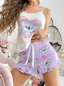 SHEIN 女款 2 件組卡通可愛愛心考拉 Ins 風睡衣套裝 - 彩色 - 查看 4