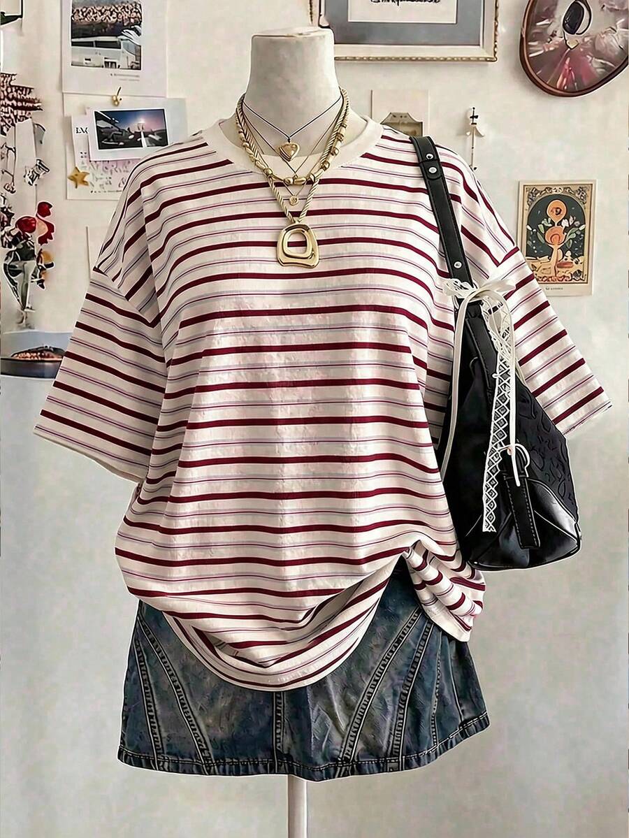 青少年女孩數位條紋圖案短袖春夏休閒舒適時尚夏季百搭套裝,適合戶外運動、戶外野餐、街頭攝影、居家、校園、度假、禮物,美式復古風格 - 彩色 - 查看 1