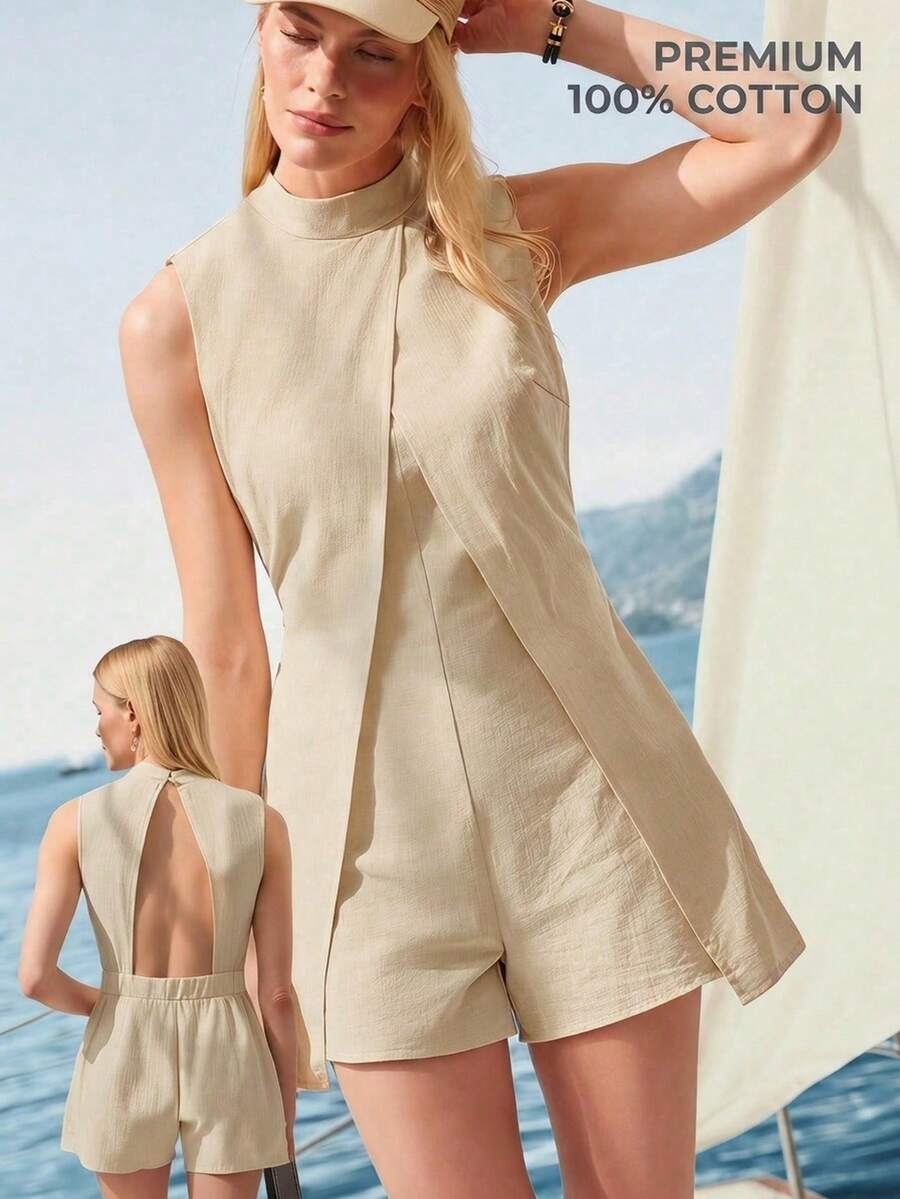 Zovinel Women's Vacation High Neck Sleeveless Short Backless Jumpsuit