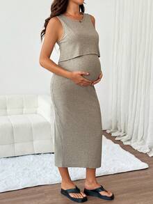 SHEIN 孕婦素色羅紋休閒無袖哺乳洋裝 - 卡其色 - 查看 8