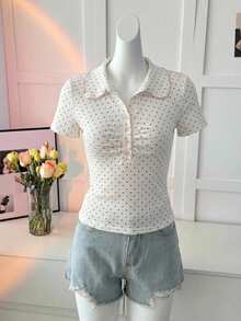 DAZY 夏季可愛波點白色休閒街頭風運動音樂節性感修身女款 Polo 衫 T-shirt Y2K - 白色 - 查看 6