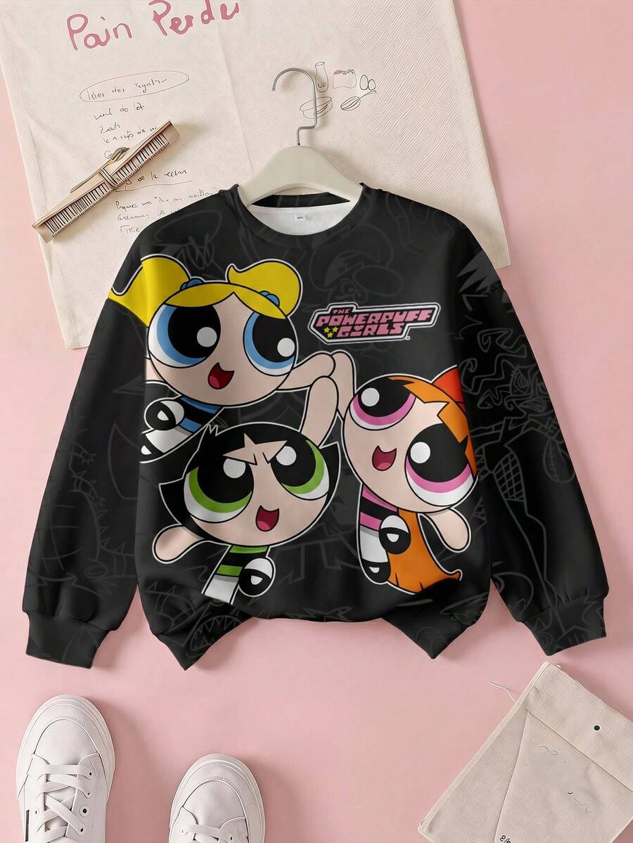 THE POWERPUFF GIRLS X SHEIN 青少年女孩休闲花朵、泡泡、毛茛图案圆领运动衫,秋季 - 白色 - 查看 1