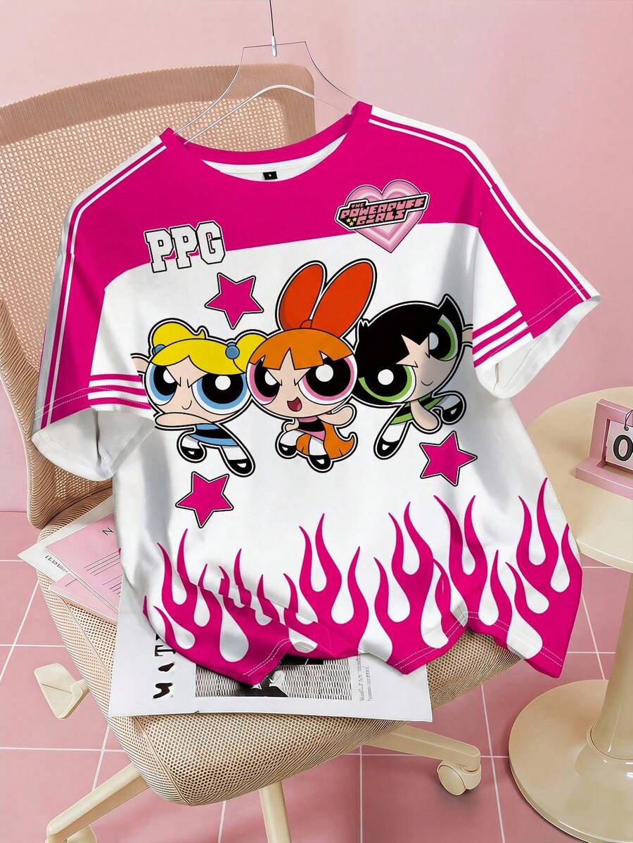 THE POWERPUFF GIRLS X SHEIN 女士撞色花朵、泡泡、毛茛图案圆领短袖T恤 - 白色 - 查看 1