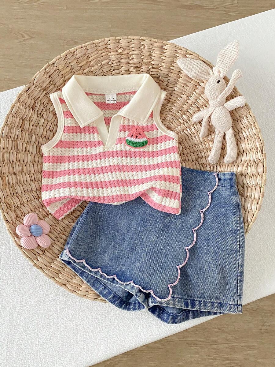 SHEIN Playful Pals 2件組女嬰無領無袖蝴蝶結刺繡粉色V領背心上衣 + 彈性腰圍刺繡蝴蝶結裝飾水洗淺藍色裙褲短褲,休閒可愛套裝,適合夏季日常外出或旅行度假穿著 - 藕粉色 - 查看 1
