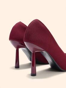 CUCCOO BASICS Elegant Red Knit Slip On Pumps For Ladies Chic Bow Design Pointed Toe Heels - Burgundy - View 4