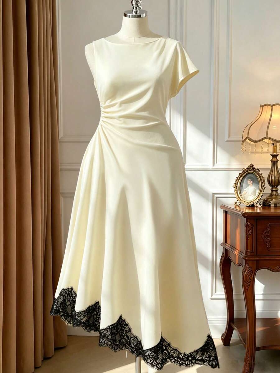 Rometta Damen-Strickkleid in großen Größen für den Sommer, neu, mit weitem Ausschnitt, asymmetrischen kurzen Ärmeln, geraffter Taille, figurschmeichelndem Design, elegant, modisch, sexy und sanft, mit weitem Oberteil, schmalem Saum und Spitzenbesatz, lang, geeignet für Alltag, Lässig, Dates und Treffen - Aprikosenfarben - Übersicht 1