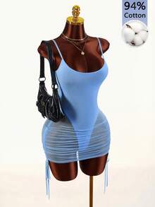 Amplova 2026 New Romantic Semi-Sheer Basic Fitted Comfortable Women's Mini Dress - Blue - View 3