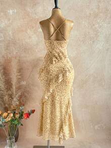 Soleia Robe à bretelles pour femmes grandes tailles avec imprimé léopard marron, col volant et ourlet à volants superposés - Jaune citron - Voir 2