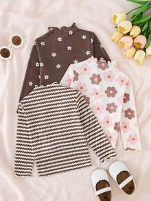 Cozy Pixies 可愛卡其花卉系列，奶油白、棕色條紋、棕色，女嬰休閒極簡百搭圓領長袖基礎T恤3件組，適合四季日常穿著、度假、假日，舒適易穿，女嬰疊穿，時尚女嬰，休閒穿著，女嬰花卉圖案服飾，時髦秋季，時尚冬季，新風格，慵懶隨性 - 彩色 - 查看 3