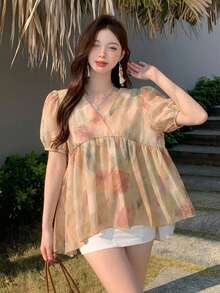 DAZY 女款休閒度假夏季上衣，滿版花卉、寬鬆長袖圓領可愛上衣 - 粉色 - 查看 4