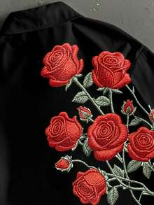 Manfinity ZONE917 Boxy Cropped Loose Fit Faux Embroidery Rose Floral Print Long Sleeve Shirt, Suitable For Spring And Summer, Gift For Friends - Black - View 2