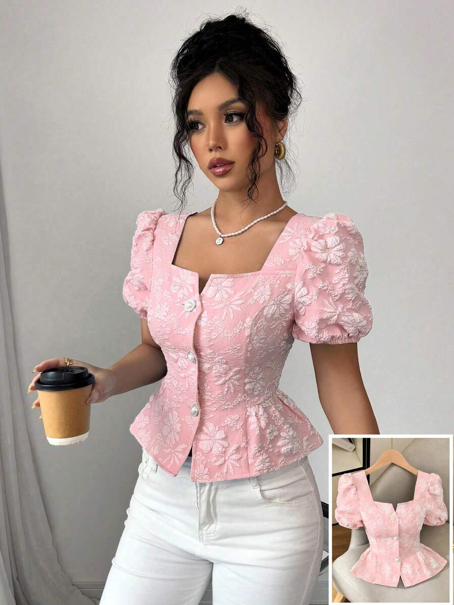 Elenzga Women's Pink And White Summer Elegant Dates Resort-Style Textured Fabric Square Neck Puff Sleeve Shirt With Ruffle Hem,Versatile For Commute,Party - Pink - View 1