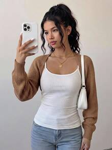 SHEIN Girlism Áo khoác cardigan ngắn thường ngày màu nâu cho bé gái tuổi teen, dệt kim có họa tiết, đa năng và nhẹ, chống nắng - Màu Khaki - Xem 3