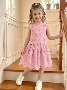 Souflis Souflis Young Girls 2pcs Set Pink Eyelet Embroidery Sleeveless Tank Top & Scalloped Hem Flared Skirt Outfits Sweet Boho Holiday Clothes - Pink - View 5