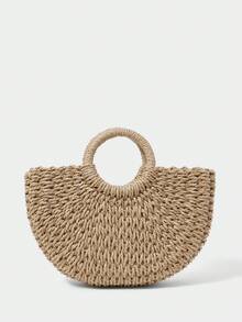 SHECARRY Women's Fashionable Straw Woven Small Round Bucket Handbag, Diamond Cherry Beaded Coconut Tree And Other Decorations, Seaside Vacation Beach - Cherry - View 3